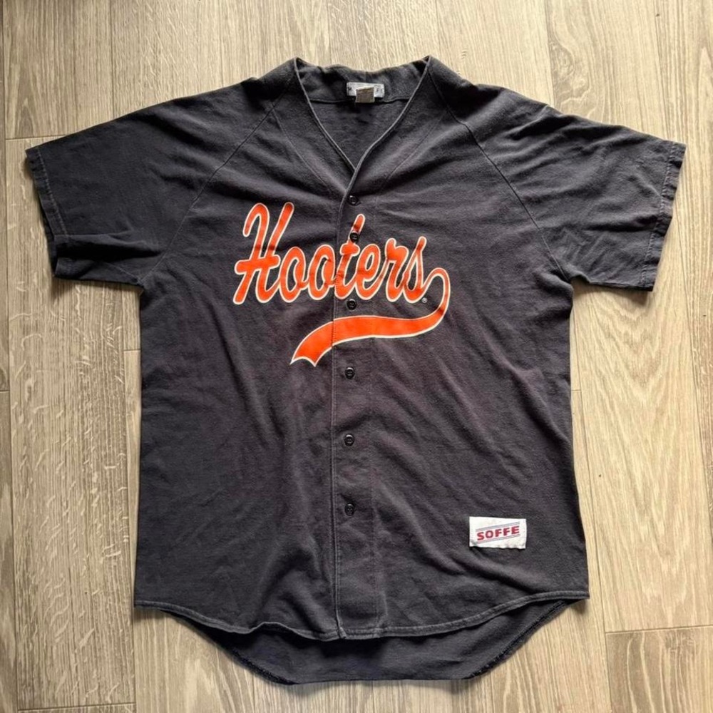 Vintage Hooters Baseball Jersey Men's XL Black Orange Script M.J. Soffe 90s